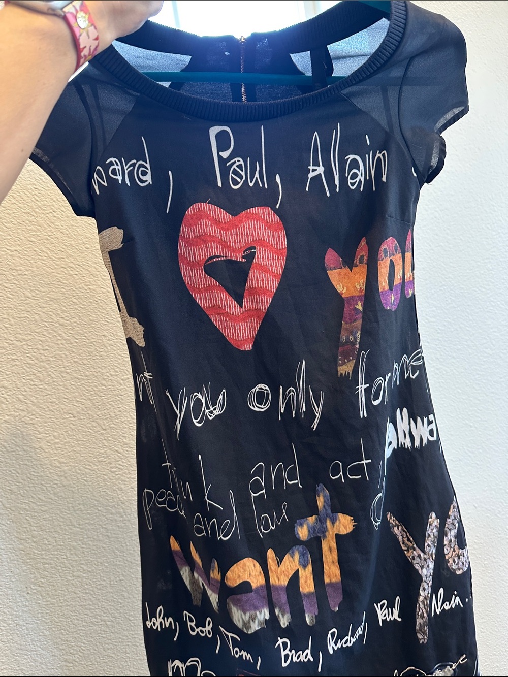 Desigual Graffiti Graphic Print Mini Dress XS Art Pop Art Sheer Sleeve - Picture 3 of 16